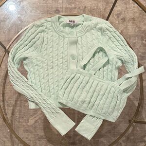 525 America Light Green Cable Knit Cardigan Set